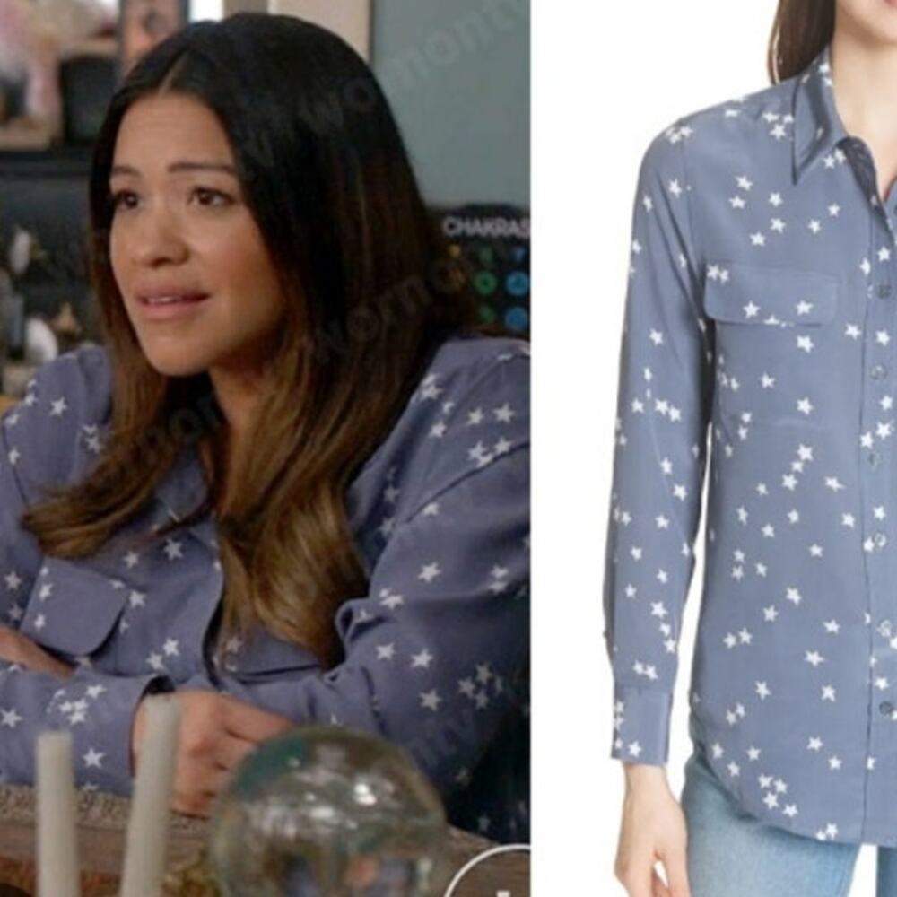 Equipment Slim Signature Silk Shirt L Bluestone Star Print Celestial Quiet Money - Picture 7 of 16
